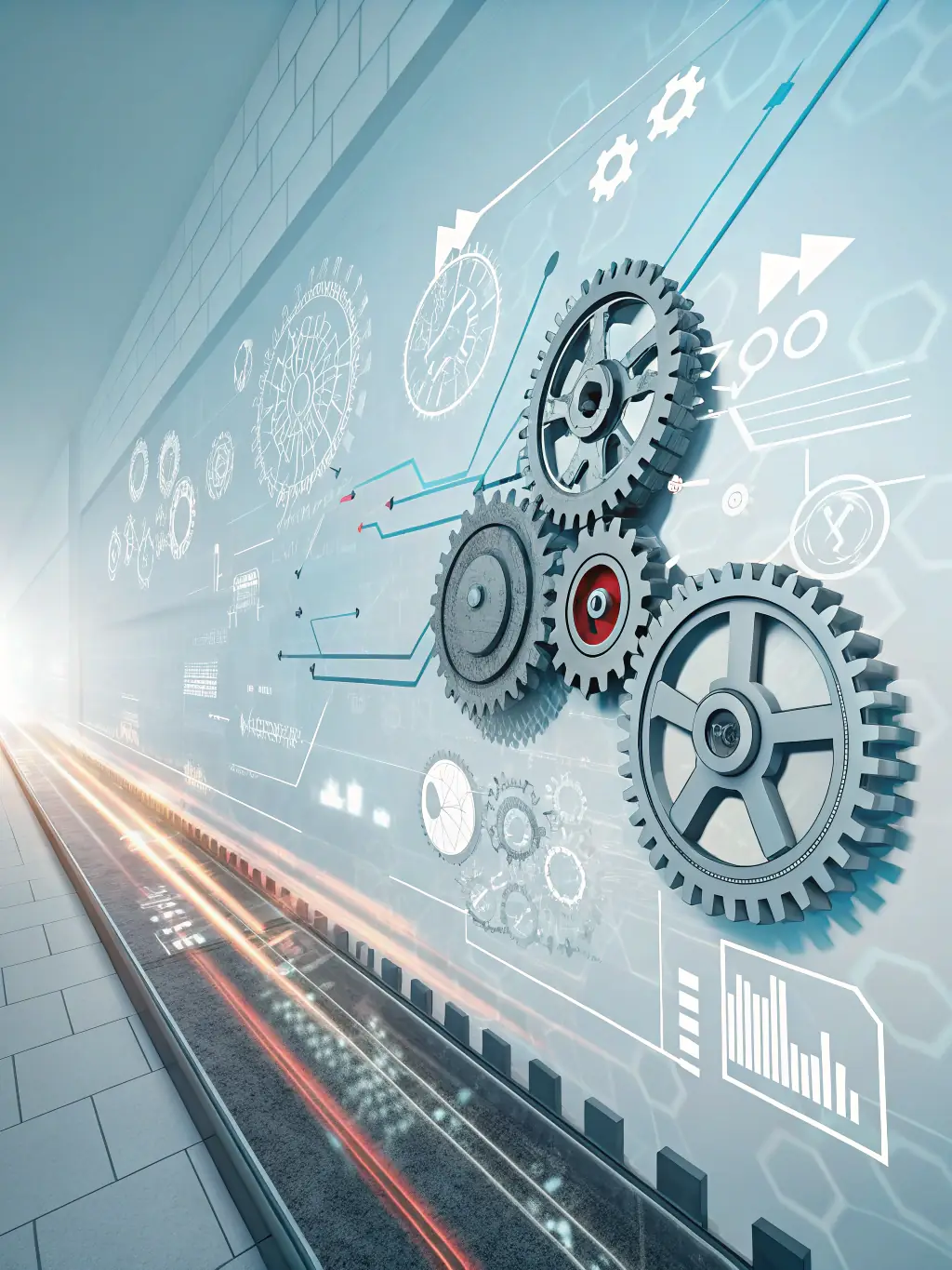 Icons representing automation flows connecting various business processes in a sleek digital interface, showcasing ROAL-AI's Business Process Automation.