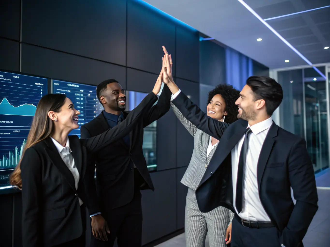 A digital illustration depicting a diverse group of business professionals collaborating around a holographic AI interface, symbolizing ROAL-AI's business-focused approach.