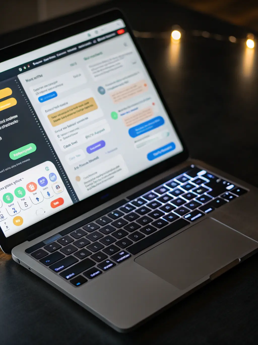 An abstract digital network with chatbot icons interacting on a modern device screen, representing ROAL-AI's AI Chatbot services.