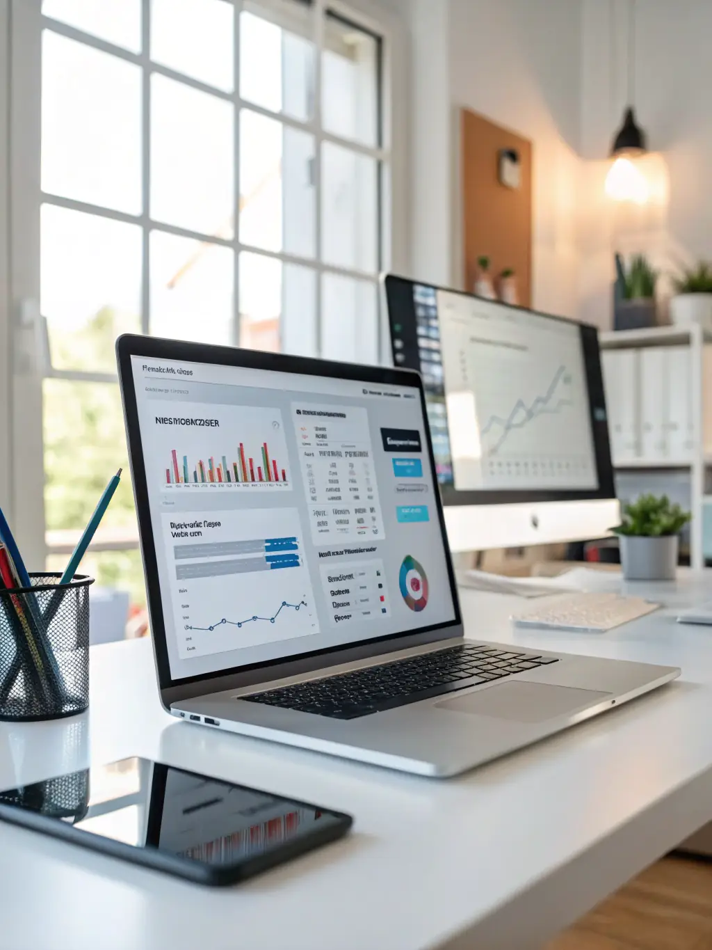 A futuristic AI assistant icon interacting with business data on a digital dashboard, illustrating ROAL-AI's AI Assistants.